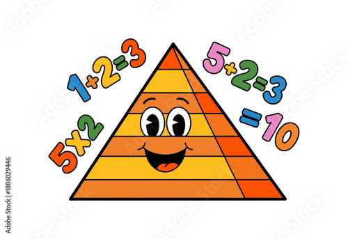 A colorful cartoon triangle with a smiling face and math equations surrounding it, representing learning and education for kids.