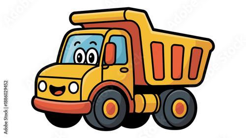 A cheerful cartoon dump truck with a smiling face and colorful design