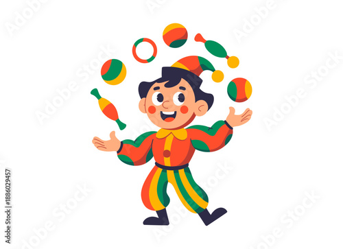 A colorful cartoon illustration of a happy clown juggling balls and clubs in a playful pose