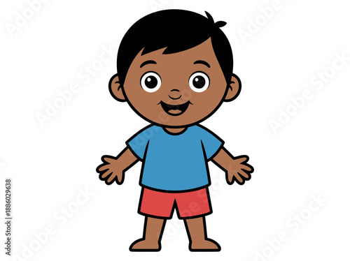 A cheerful cartoon boy with dark skin and black hair standing with outstretched arms in a blue shirt and red shorts.