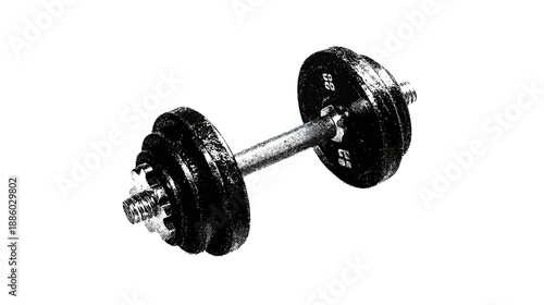 A black and white image of a weight lifting dumbbell against a white background