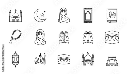 Muslim Icons Vector Set – Editable Stroke Religious Symbols for Islamic Culture & Ramadan