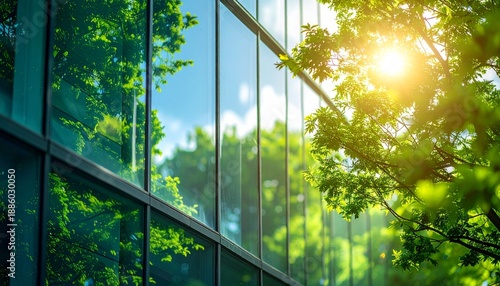 Corporate Glass Building Facade Reflecting Green Trees, Defocused