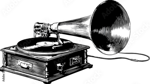A vintage, black and white illustration depicting an old-fashioned gramophone with a record