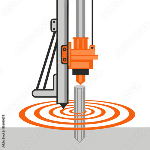 Abstract Illustration Of Pile Driving Machine Creating Vibrations For Ground Foundation Work And