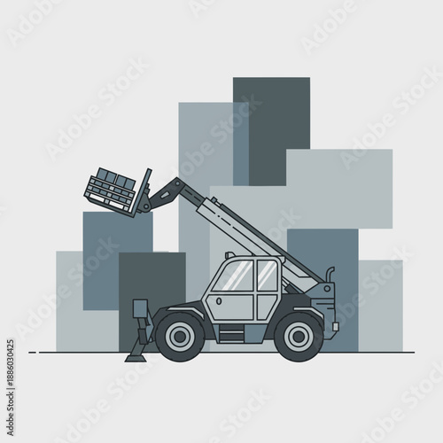 Advanced Telehandler Vehicle Efficiently Lifting Palletized Goods At Construction Site Logistics Hub