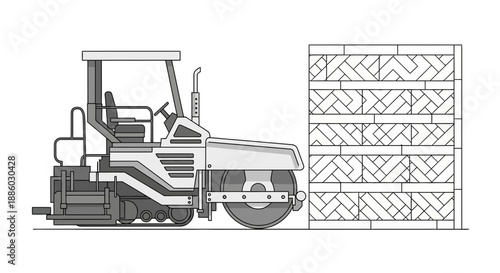 Advanced Asphalt Paver Machine Next To Artistic Geometric Textured Surface Graphic Design