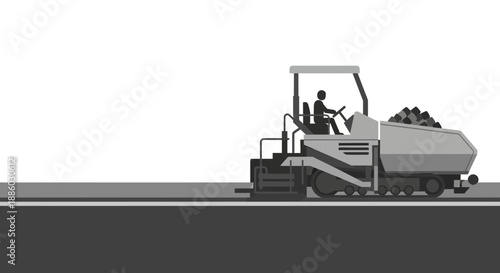 Asphalt Paving Machine On New Road Construction Site With Worker Silhouette