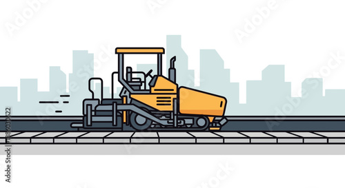 Asphalt Paver Machine Working On Road Construction Project In Urban City Skyline
