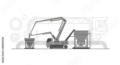 Automated Concrete Production Facility With Heavy Machinery And Storage Silos Represented In A