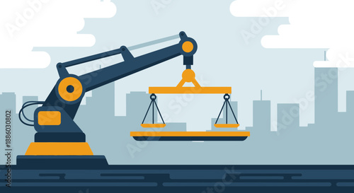 Automated Industrial Robotic Arm Precisely Balances Scales In A Contemporary Urban Landscape