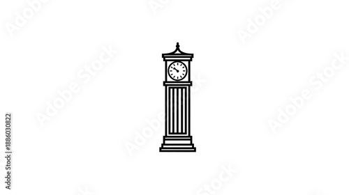 A linear illustrated image showcasing a tall grandfather-style clock on a white background