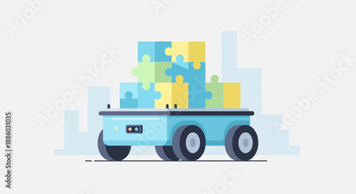 Autonomous Logistics Robot Transporting Colorful Puzzle Pieces Illustrates Smart Business