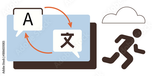 Language services, communication, globalization, cultural exchange, translation technology, human movement. Text and arrows language switching with a computer tab and running figure. Language