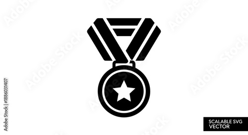 Simple Black Icon of a Star Medal on a Ribbon.