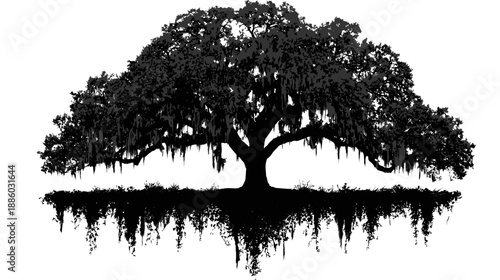 A striking black and white image of a large tree with its reflection below, against a white backdrop