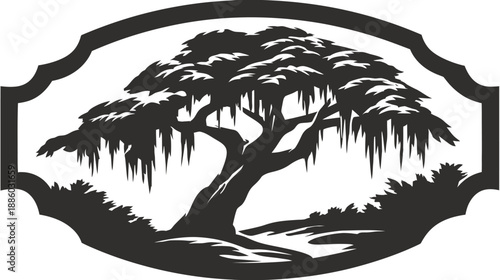 A grayscale, stylized oak tree with hanging moss, framed by an ornamental border