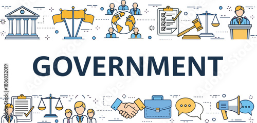 Government concept illustration with icons representing law justice and administration in a simple modern style on transparent background