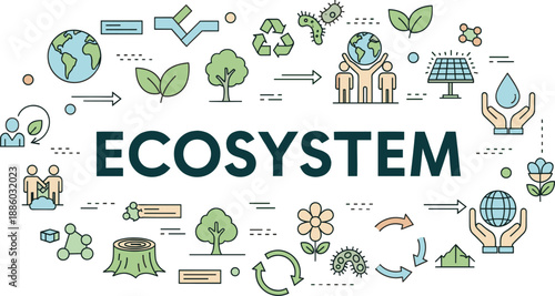 Ecosystem concept illustration with environmental symbols and icons representing sustainability and ecofriendly practices for a greener future and conservation efforts worldwide