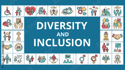 Diversity and inclusion concept with various multicultural icons and symbols representing equality and acceptance in a harmonious society