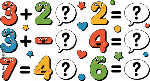 A colorful cartoon illustration of math problems with smiling numbers and question marks