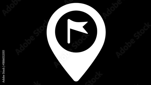 A white location marker icon, a pin shape with a flag inside a circle, on a black background