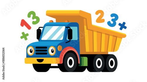 A colorful cartoon dump truck with math symbols for kids learning and education