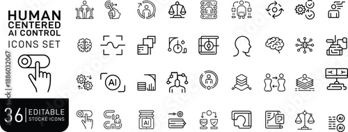 Human Centered AI Control Line Icon Set for Ethical Artificial Intelligence Governance Compliance Risk Management Transparency and Enterprise Technology Platforms