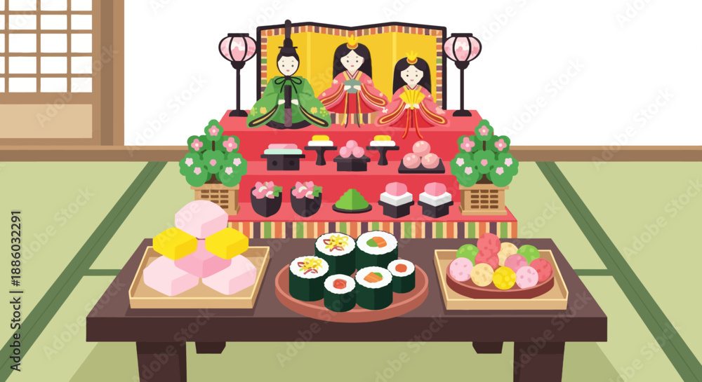 Obraz premium Hinamatsuri Food and Dolls Poster Vector Illustration of Traditional Japanese Festival Celebration with Doll Display and Seasonal Dishes in Cute Flat Style