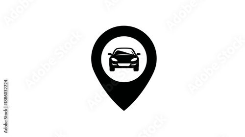 A black icon of a car inside a location pin against a white background