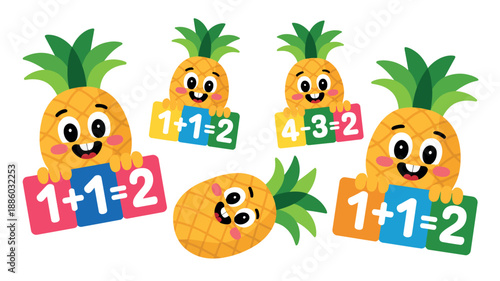 A group of cartoon pineapples holding colorful blocks with math equations on them