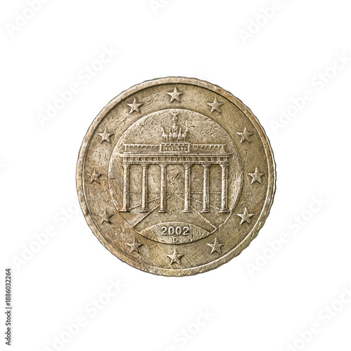Federal Republic of Germany 50 Euro Cent coin obverse side (national side), minted in 2002, features the Brandenburg Gate monument. symbolizes German division and subsequent unification. 