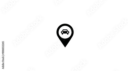 A black icon of a car inside a location pin against a stark white background