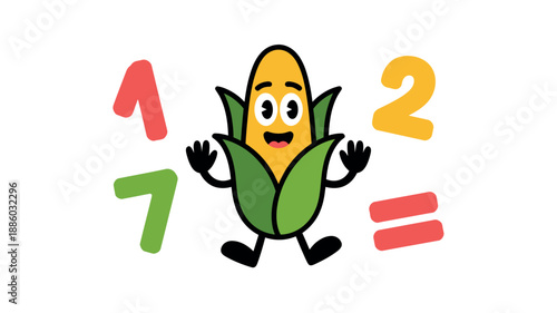 A cartoon corn character happily surrounded by colorful numbers and mathematical symbols on a white background.