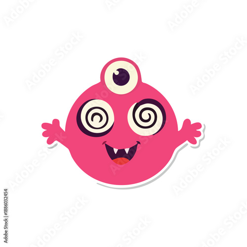 Cute pink three-eyed monster sticker with hypnotic swirl eyes and happy smiling expression isolated on white