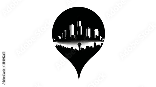 A black and white illustration of a cityscape reflected on water, housed within a teardrop shape