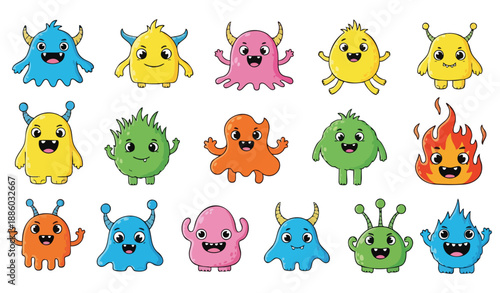 Large collection of diverse colorful monster characters with funny expressions and unique features isolated on white background