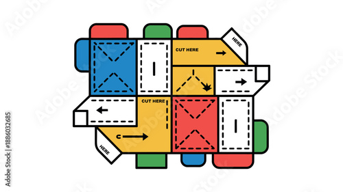 A colorful diagram showing how to assemble and cut a complex paper shape with multiple folds and sections.