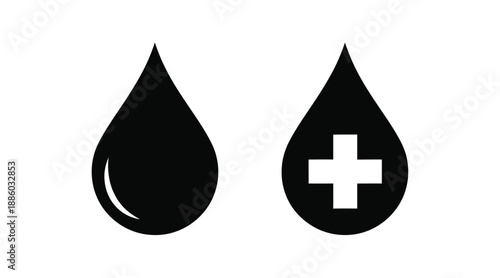 Two black water drops with medical cross simple design silhouette