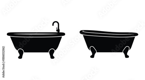 Two vintage clawfoot bathtubs in a stark black silhouette