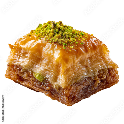 Single piece of baklava with chopped pistachios, isolated on white background, png