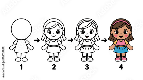 A step-by-step illustration of a cartoon girl being drawn and colored, showcasing the creative process from a blank figure to a vibrant character.