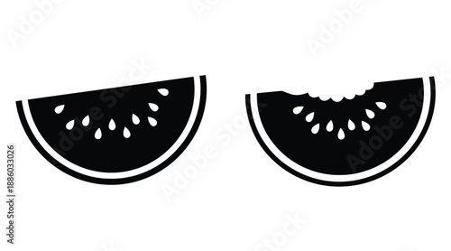 Two watermelon slices one bitten presented as a black silhouette