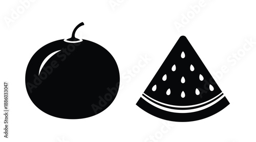 Simple fruit icons of an apple and watermelon slice black silhouette