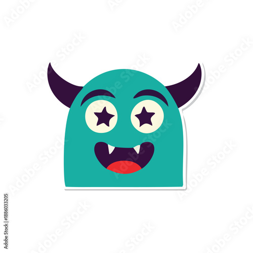 Cute teal monster character with star eyes and horns showing a happy excited expression isolated on white background