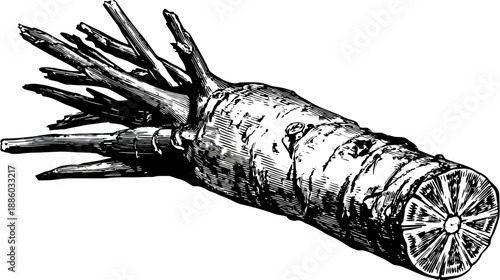 A black and white illustration of a horseradish root. Features a rough, textured surface with fine details