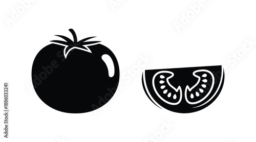 Simple black tomato and half tomato graphic design distinctive silhouette
