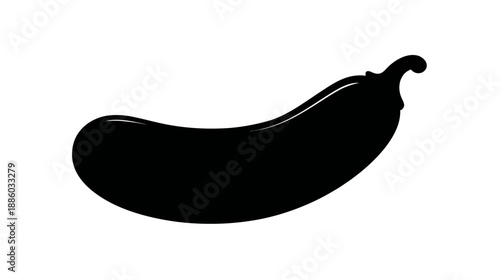 A silhouette of an oblong, dark, shiny fruit with a curved stalk and a white background