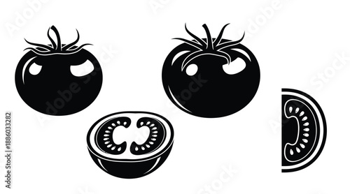 Black tomato illustrations with a sliced half distinct silhouette