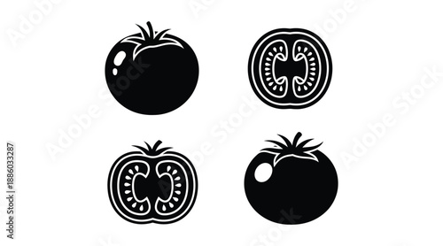 Four tomato designs in black showcasing whole and sliced views silhouette